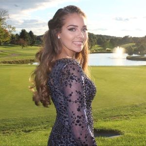 Jovani Long Sleeve Beaded Navy Blue Dress Size 2